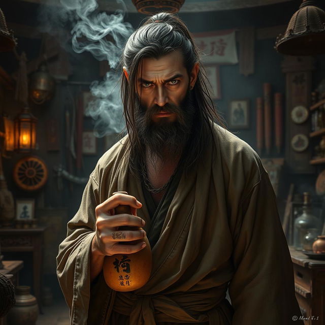 A dirty drunken master with long, dark matted hair and a short beard, exuding a rugged charisma amidst a cluttered, dimly lit dojo
