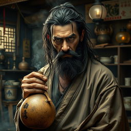 A dirty drunken master with long, dark matted hair and a short beard, exuding a rugged charisma amidst a cluttered, dimly lit dojo