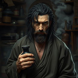 A dirty drunken master with long, dark matted hair and a short beard, exuding a rugged charisma amidst a cluttered, dimly lit dojo