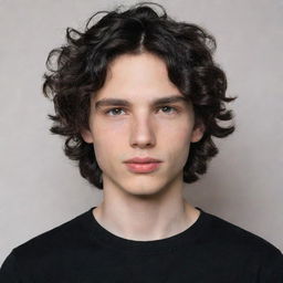 A lean Caucasian boy with wavy black hair, almond-shaped eyes, and thick lips, wearing a black shirt.