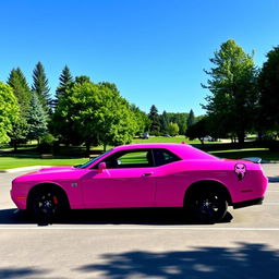 A pink Dodge Hellcat with a distinctive cancer ♋ demon sticker on the side, parked in a parking lot at a scenic park