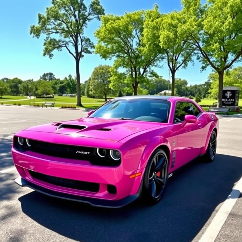 A pink Dodge Hellcat with a distinctive cancer ♋ demon sticker on the side, parked in a parking lot at a scenic park