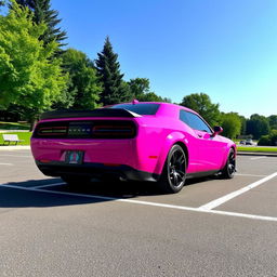 A pink Dodge Hellcat with a distinctive cancer ♋ demon sticker on the side, parked in a parking lot at a scenic park