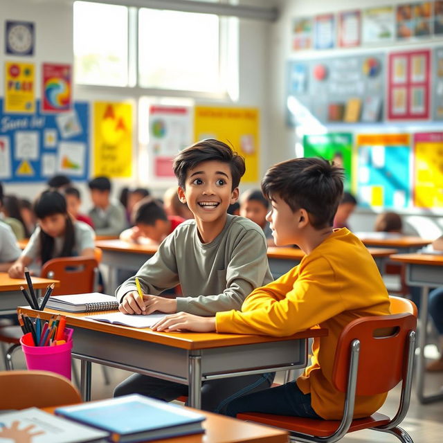 A scene of Carlos sitting at his desk in a classroom, engaged in an animated conversation with his friend next to him