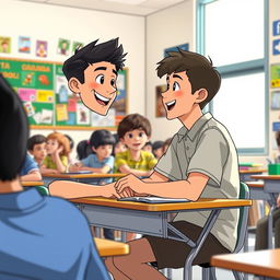 A scene of Carlos sitting at his desk in a classroom, engaged in an animated conversation with his friend next to him