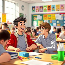 A scene of Carlos sitting at his desk in a classroom, engaged in an animated conversation with his friend next to him