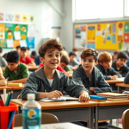 A scene of Carlos sitting at his desk in a classroom, engaged in an animated conversation with his friend next to him