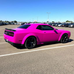 A pink Dodge Hellcat with a cancer ♋ zodiac sticker on the side, parked in a spacious parking lot