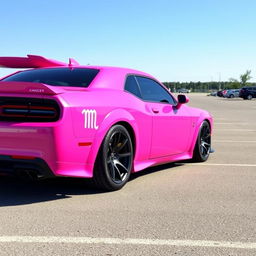 A pink Dodge Hellcat with a cancer ♋ zodiac sticker on the side, parked in a spacious parking lot