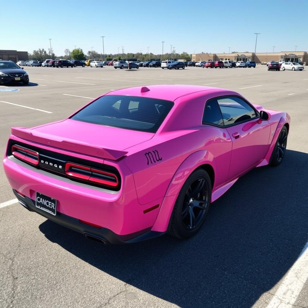 A pink Dodge Hellcat with a cancer ♋ zodiac sticker on the side, parked in a spacious parking lot