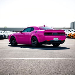 A pink Dodge Hellcat adorned with a cancer ♋ demon sticker prominently displayed on its side, situated in a spacious parking lot