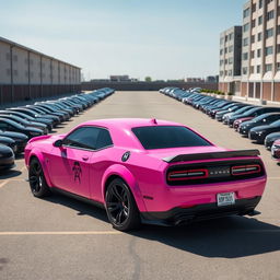 A pink Dodge Hellcat adorned with a cancer ♋ demon sticker prominently displayed on its side, situated in a spacious parking lot