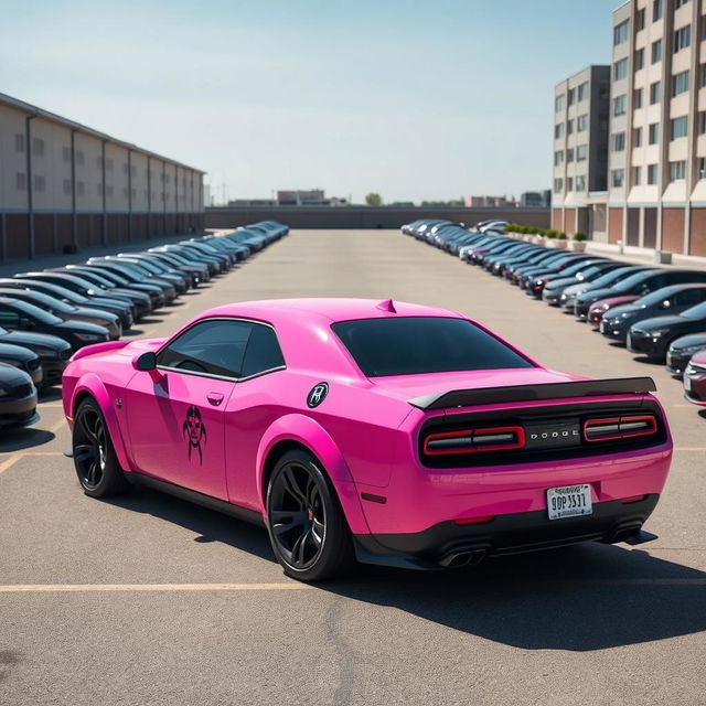 A pink Dodge Hellcat adorned with a cancer ♋ demon sticker prominently displayed on its side, situated in a spacious parking lot