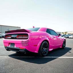 A pink Dodge Hellcat adorned with a cancer ♋ demon sticker prominently displayed on its side, situated in a spacious parking lot