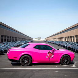 A pink Dodge Hellcat adorned with a cancer ♋ demon sticker prominently displayed on its side, situated in a spacious parking lot