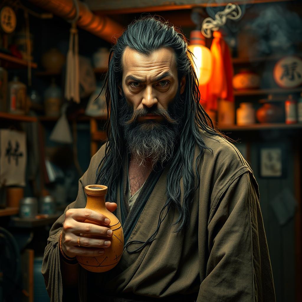 A dirty drunken master with long, dark matted hair and a short beard, standing amidst a chaotic, dimly lit dojo filled with martial arts paraphernalia and wafts of incense smoke