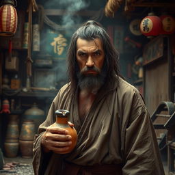 A dirty drunken master with long, dark matted hair and a short beard, standing amidst a chaotic, dimly lit dojo filled with martial arts paraphernalia and wafts of incense smoke