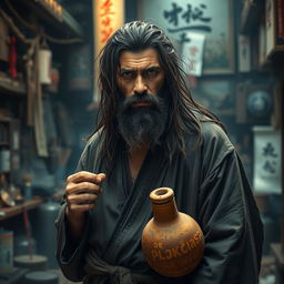 A dirty drunken master with long, dark matted hair and a short beard, standing amidst a chaotic, dimly lit dojo filled with martial arts paraphernalia and wafts of incense smoke