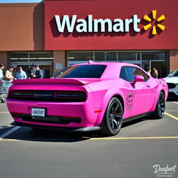 A pink Dodge Hellcat with a unique cancer ♋ demon sticker on the side, parked outside a bustling Walmart