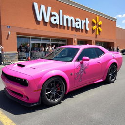 A pink Dodge Hellcat with a unique cancer ♋ demon sticker on the side, parked outside a bustling Walmart