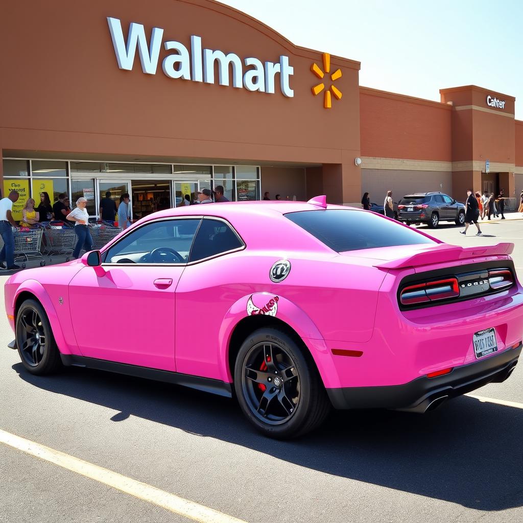 A pink Dodge Hellcat with a unique cancer ♋ demon sticker on the side, parked outside a bustling Walmart