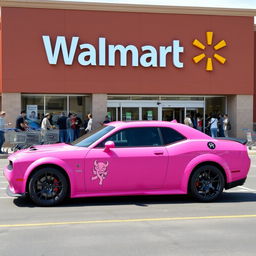 A pink Dodge Hellcat with a unique cancer ♋ demon sticker on the side, parked outside a bustling Walmart