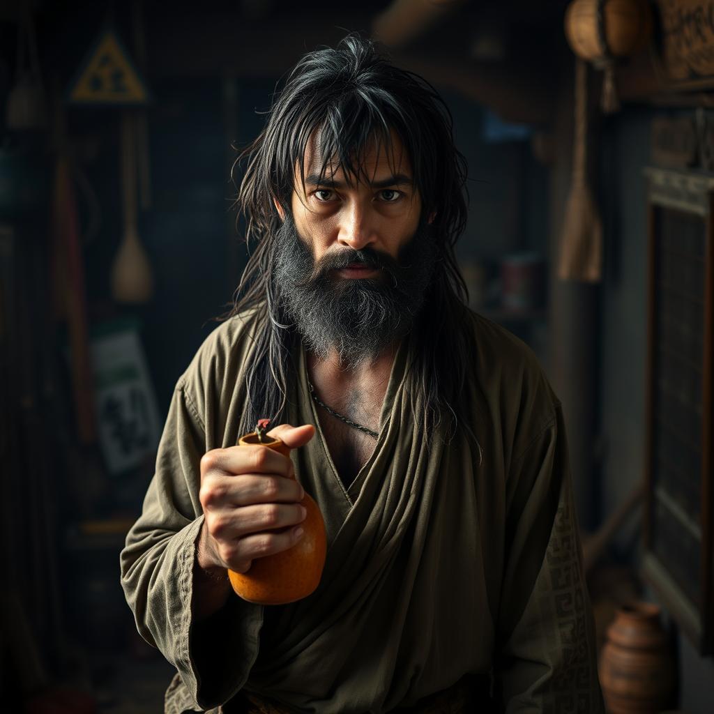 A dirty drunken master with long, dark matted hair and a short beard, standing in a dimly lit dojo cluttered with martial arts equipment and the scent of ancient incense