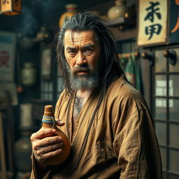 A dirty drunken master with long, dark matted hair and a short beard, standing in a dimly lit dojo cluttered with martial arts equipment and the scent of ancient incense