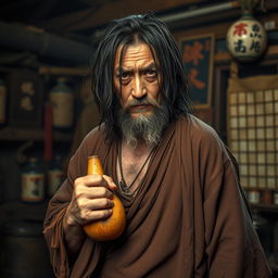 A dirty drunken master with long, dark matted hair and a short beard, standing in a dimly lit dojo cluttered with martial arts equipment and the scent of ancient incense