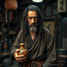 A dirty drunken master with long, dark matted hair and a short beard, standing in a dimly lit dojo cluttered with martial arts equipment and the scent of ancient incense