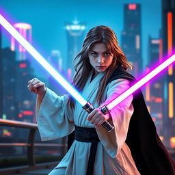 A young Jedi with white Jedi clothes and a flowing black cape