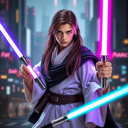 A young Jedi with white Jedi clothes and a flowing black cape