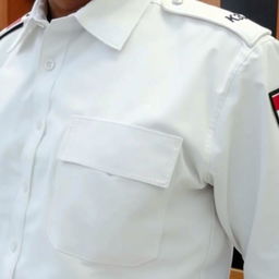 A person wearing a white uniform with a single pocket