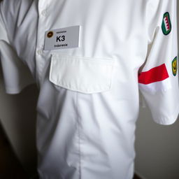 A white shirt featuring a single pocket on the left side with a name tag above it