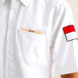 A white shirt featuring a single pocket on the left side with a name tag above it