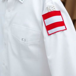 A white shirt featuring a single pocket on the left side with a name tag above it