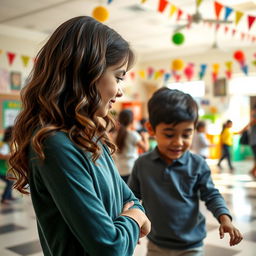 A spacious school salon filled with playful energy, where Ana, a attentive girl with long wavy hair, observes Carlos, a lively boy with short black hair