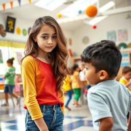 A spacious school salon filled with playful energy, where Ana, a attentive girl with long wavy hair, observes Carlos, a lively boy with short black hair