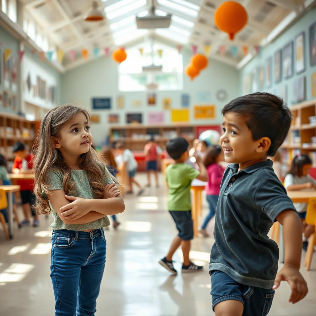 A spacious school salon filled with playful energy, where Ana, a attentive girl with long wavy hair, observes Carlos, a lively boy with short black hair