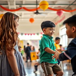 A spacious school salon filled with playful energy, where Ana, a attentive girl with long wavy hair, observes Carlos, a lively boy with short black hair