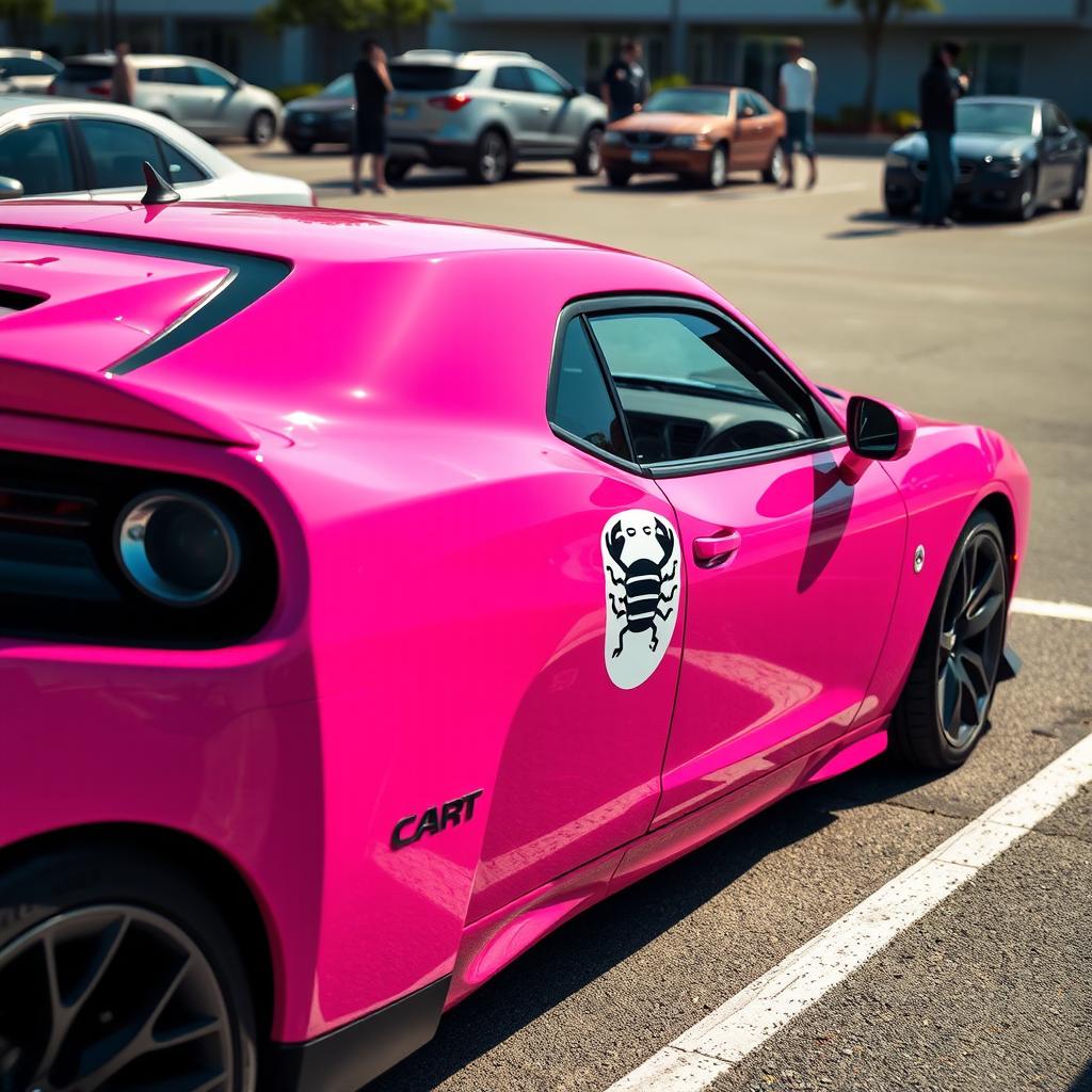 A pink Hellcat sports car parked in a realistic parking lot, featuring a Cancer zodiac sign sticker on its side