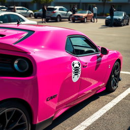 A pink Hellcat sports car parked in a realistic parking lot, featuring a Cancer zodiac sign sticker on its side