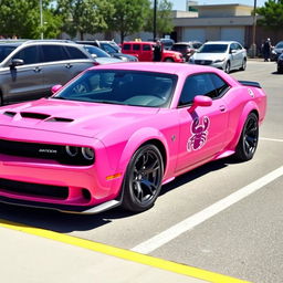 A pink Hellcat sports car parked in a realistic parking lot, featuring a Cancer zodiac sign sticker on its side