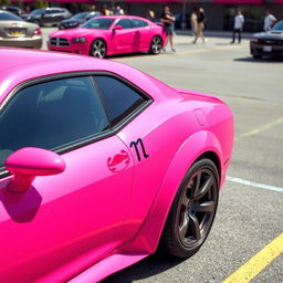 A pink Hellcat sports car parked in a realistic parking lot, featuring a Cancer zodiac sign sticker on its side