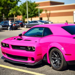 A pink Hellcat sports car parked in a realistic parking lot, featuring a Cancer zodiac sign sticker on its side