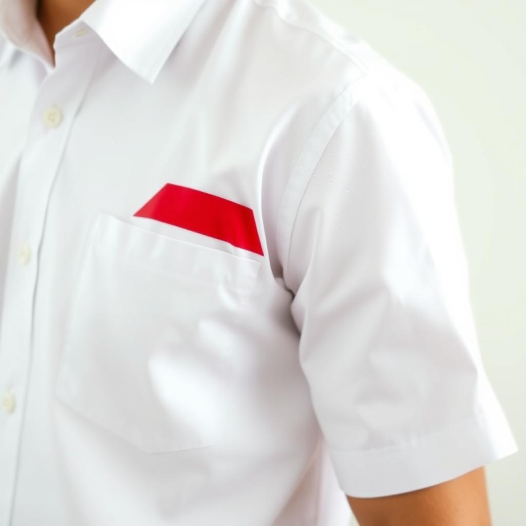 A person wearing a white shirt with a single pocket, featuring the Indonesian flag on the right sleeve