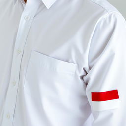 A person wearing a white shirt with a single pocket, featuring the Indonesian flag on the right sleeve