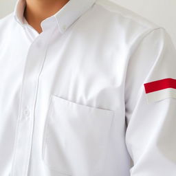 A person wearing a white shirt with a single pocket, featuring the Indonesian flag on the right sleeve