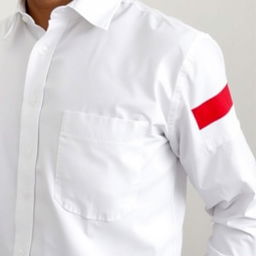 A person wearing a white shirt with a single pocket, featuring the Indonesian flag on the right sleeve