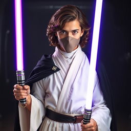 A full-body image of a young man wearing traditional white Jedi clothes complemented by a dramatic black cape